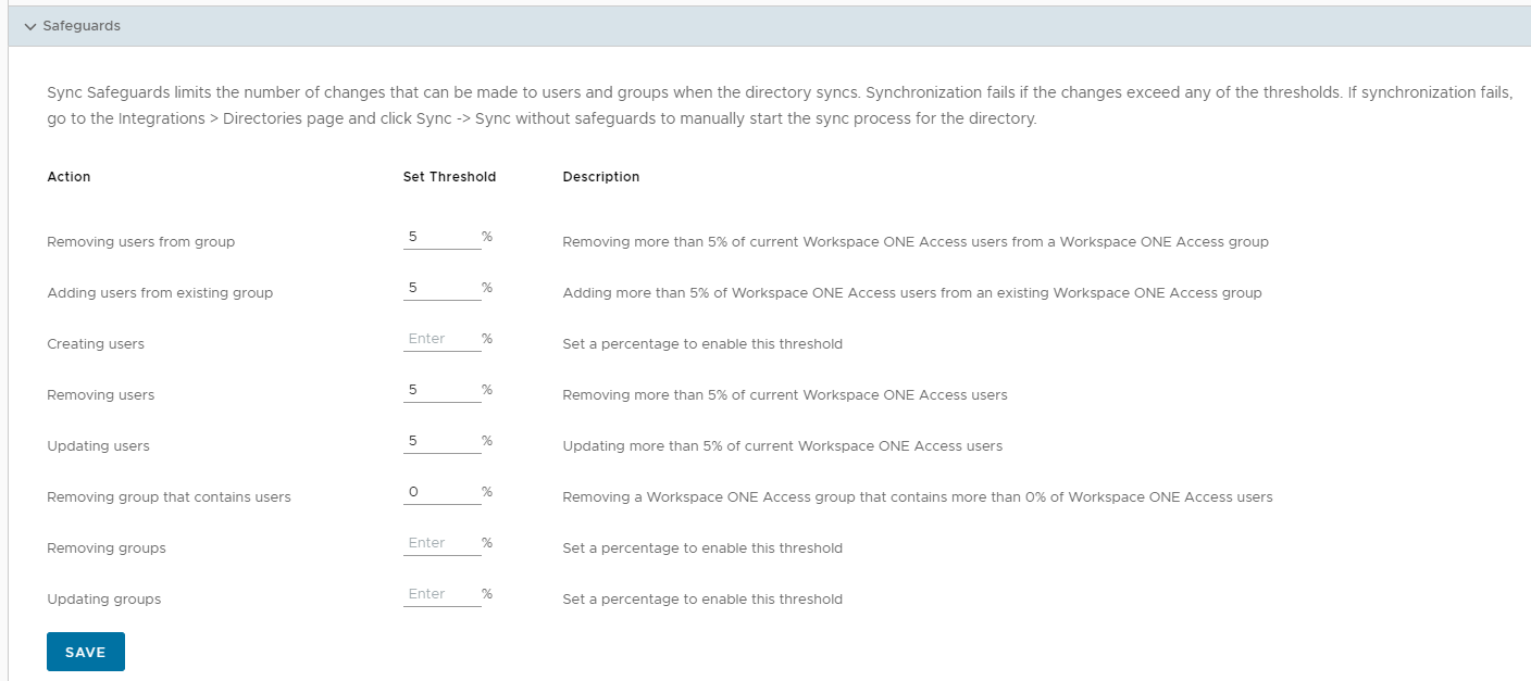 You can enter thresholds in percentages for various actions such as creating users, updating users, or removing users from groups. You can enter thresholds in percentages for various actions such as creating users, updating users, or removing users from groups.