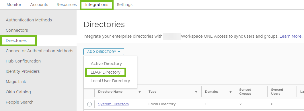 The Add Directory drop-down choices are Active Directory, LDAP Directory, and Local User Directory. The Add Directory drop-down choices are Active Directory, LDAP Directory, and Local User Directory.