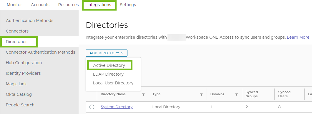 The Add Directory drop-down choices are Active Directory, LDAP Directory, and Local User Directory.