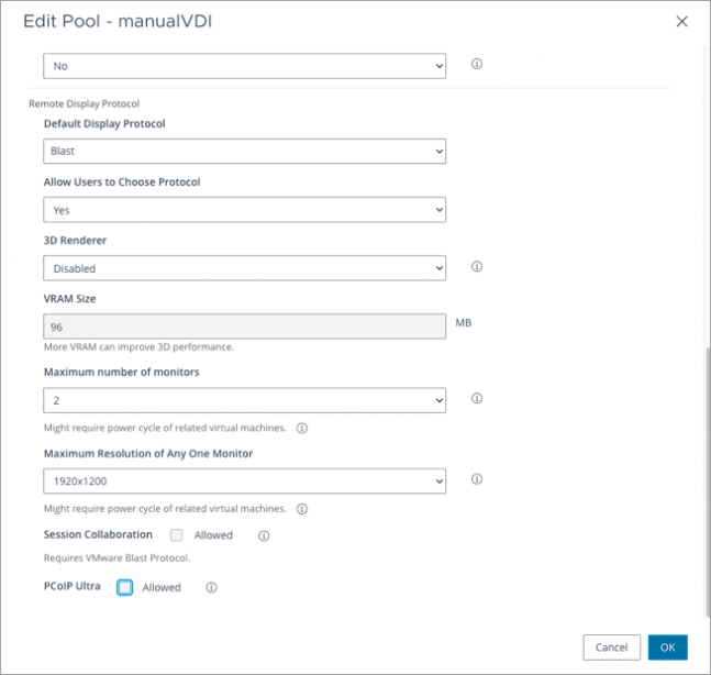 选中 PCoIP Ultra 设置旁边的复选框，以便为桌面池启用该设置。