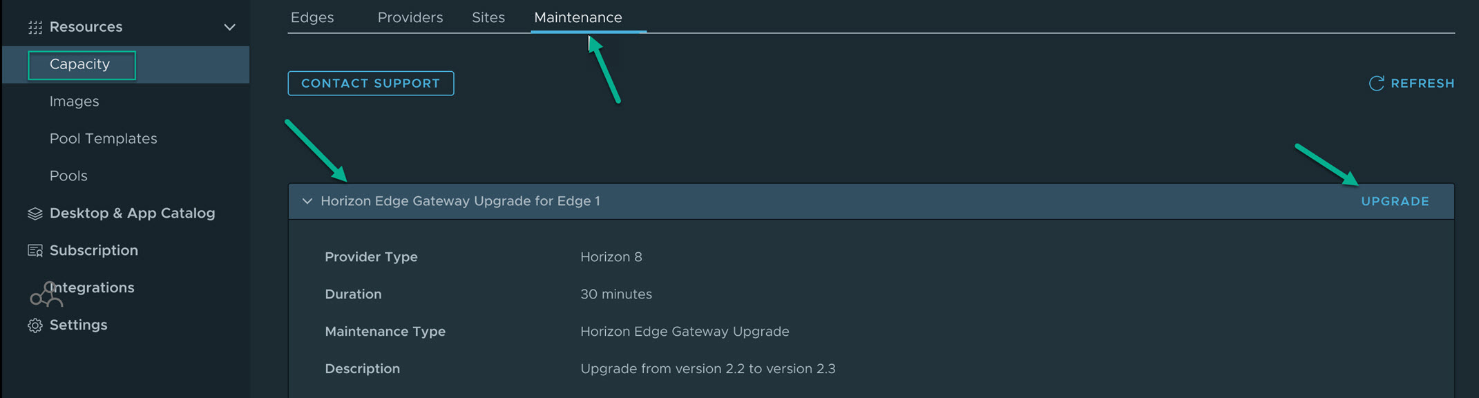 为指定的 Edge 网关选择“升级”选项。 为指定的 Edge 网关选择“升级”选项。