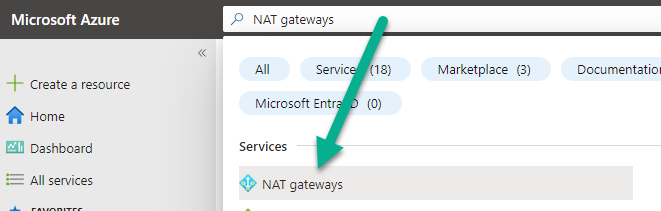 在 Azure 门户中搜索 NAT 网关的屏幕截图
