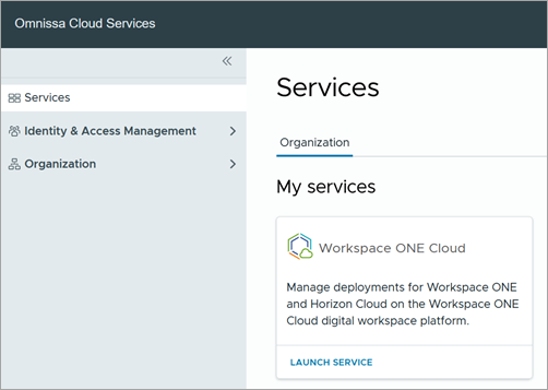 “服务”UI 中的 Workspace ONE Cloud 卡的屏幕截图