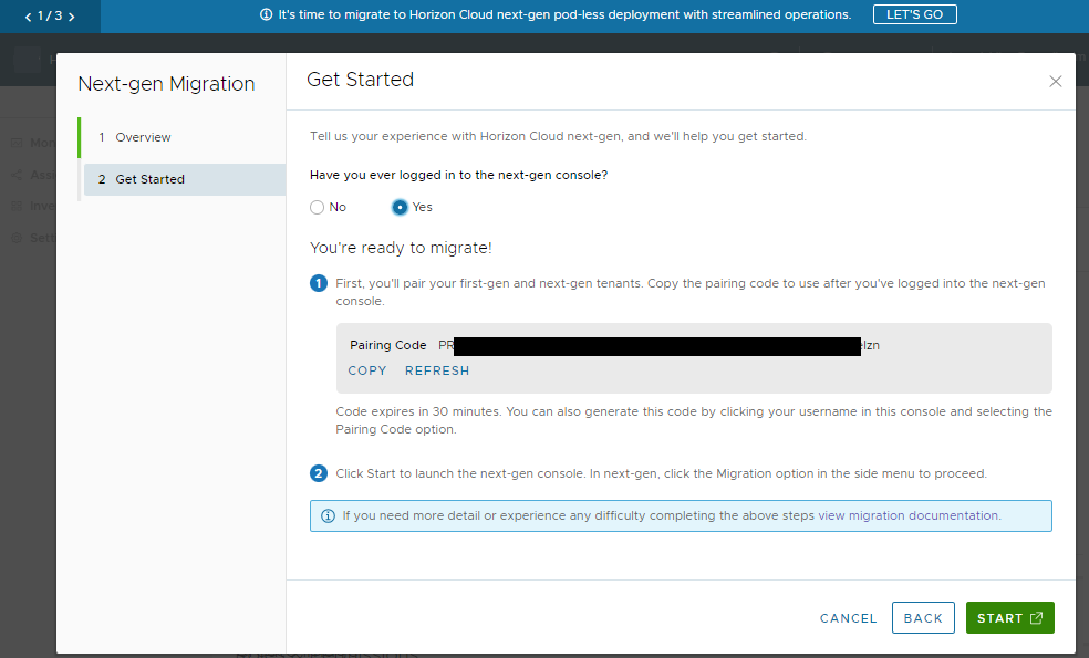 选择“是”时“Horizon Cloud 迁移”向导的屏幕截图。 选择“是”时“Horizon Cloud 迁移”向导的屏幕截图。