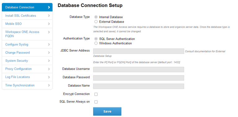 Omnissa Access 的“数据库连接设置”页面 Omnissa Access 的“数据库连接设置”页面