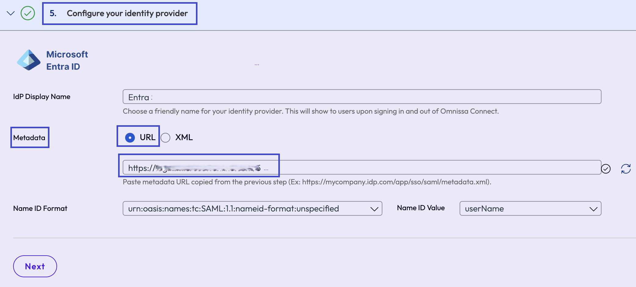 圖中顯示將 Entra ID 字串貼入 Omnissa Connect 做為中繼資料 URL。