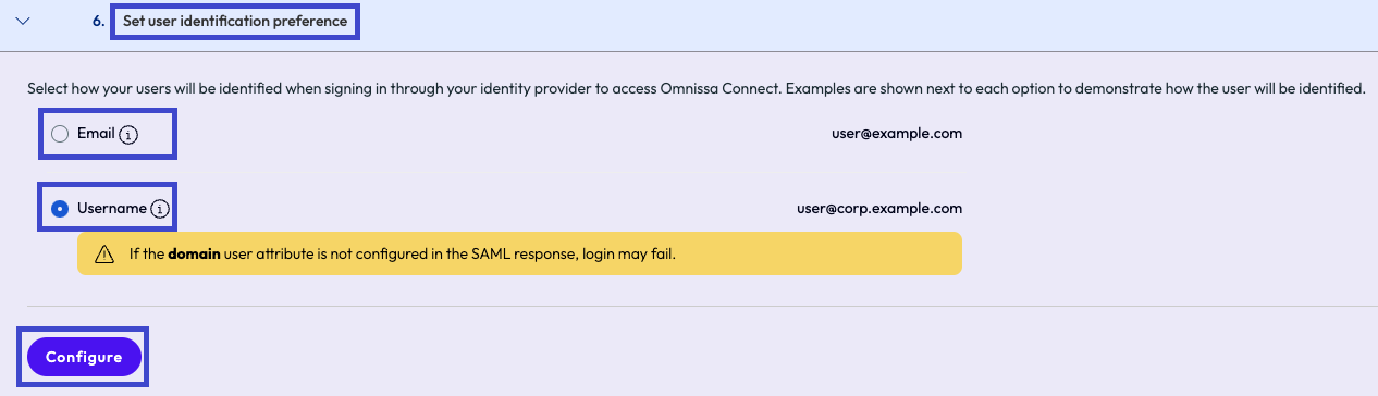 圖中顯示設定使用者識別喜好設定頁面。請務必選取用於登入 Omnissa Connect 的方法。 圖中顯示設定使用者識別喜好設定頁面。請務必選取用於登入 Omnissa Connect 的方法。