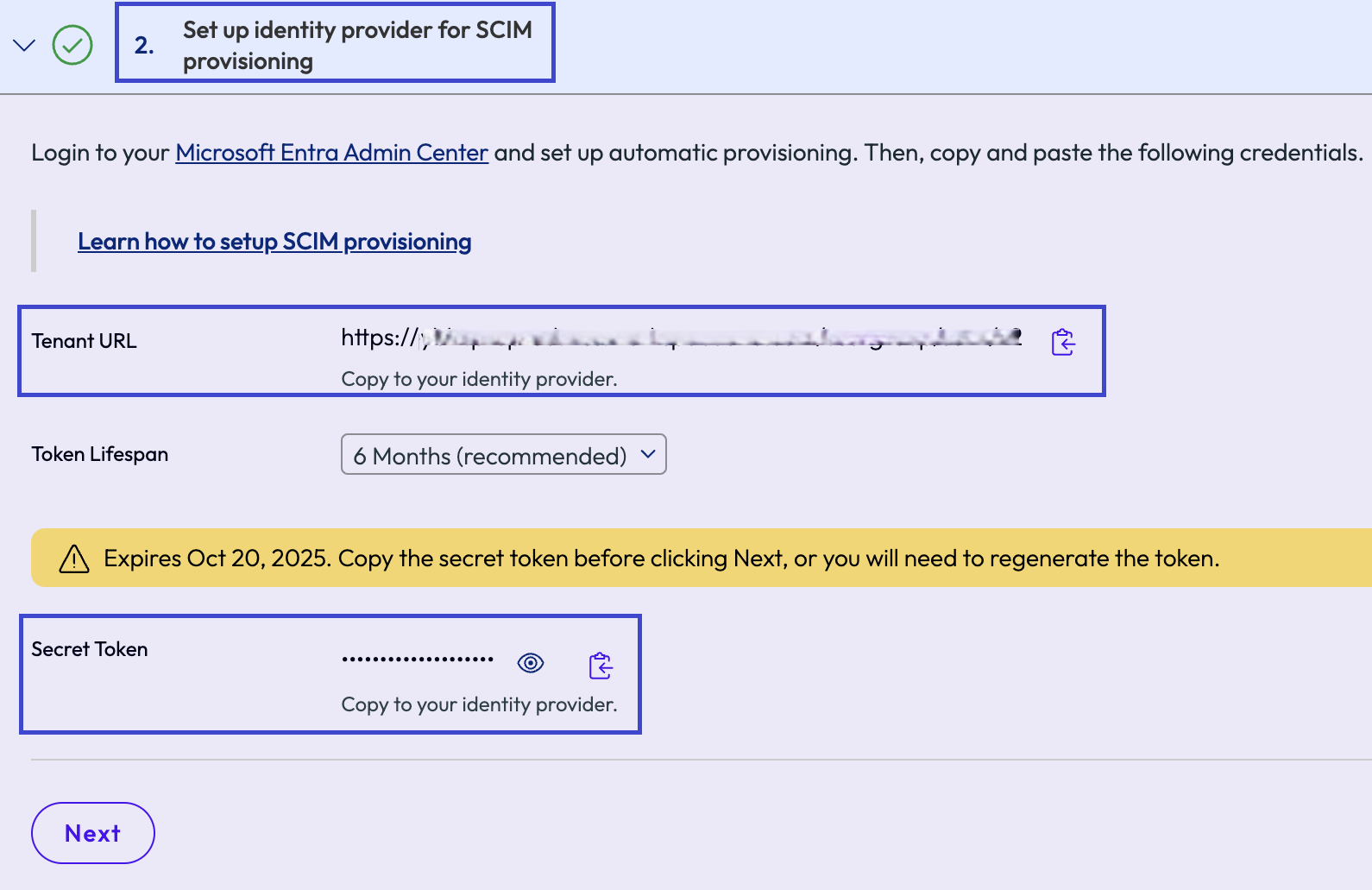 圖中顯示您可以在其中複製 Omnissa Connect 的租用戶 URL 和密碼 Token，以便在 Entra ID 中成功佈建使用者。