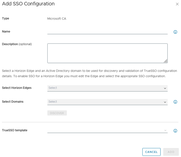 具有選定 Microsoft CA 類型的 [新增 SSO 組態] 對話方塊