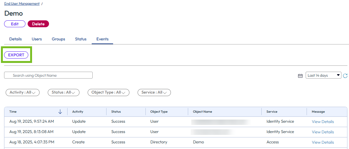 [匯出] 按鈕位於 [事件] 索引標籤的頂端。