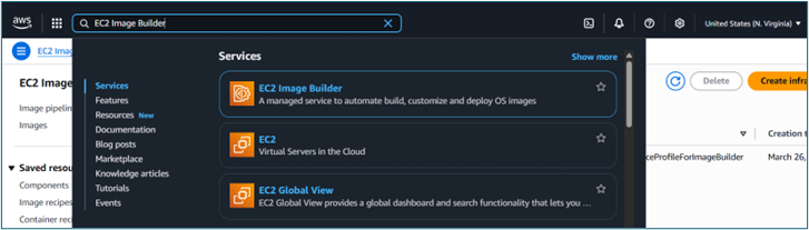 [AWS 服務] 功能表，其中在運算區段中已醒目顯示 EC2 Image Builder 服務