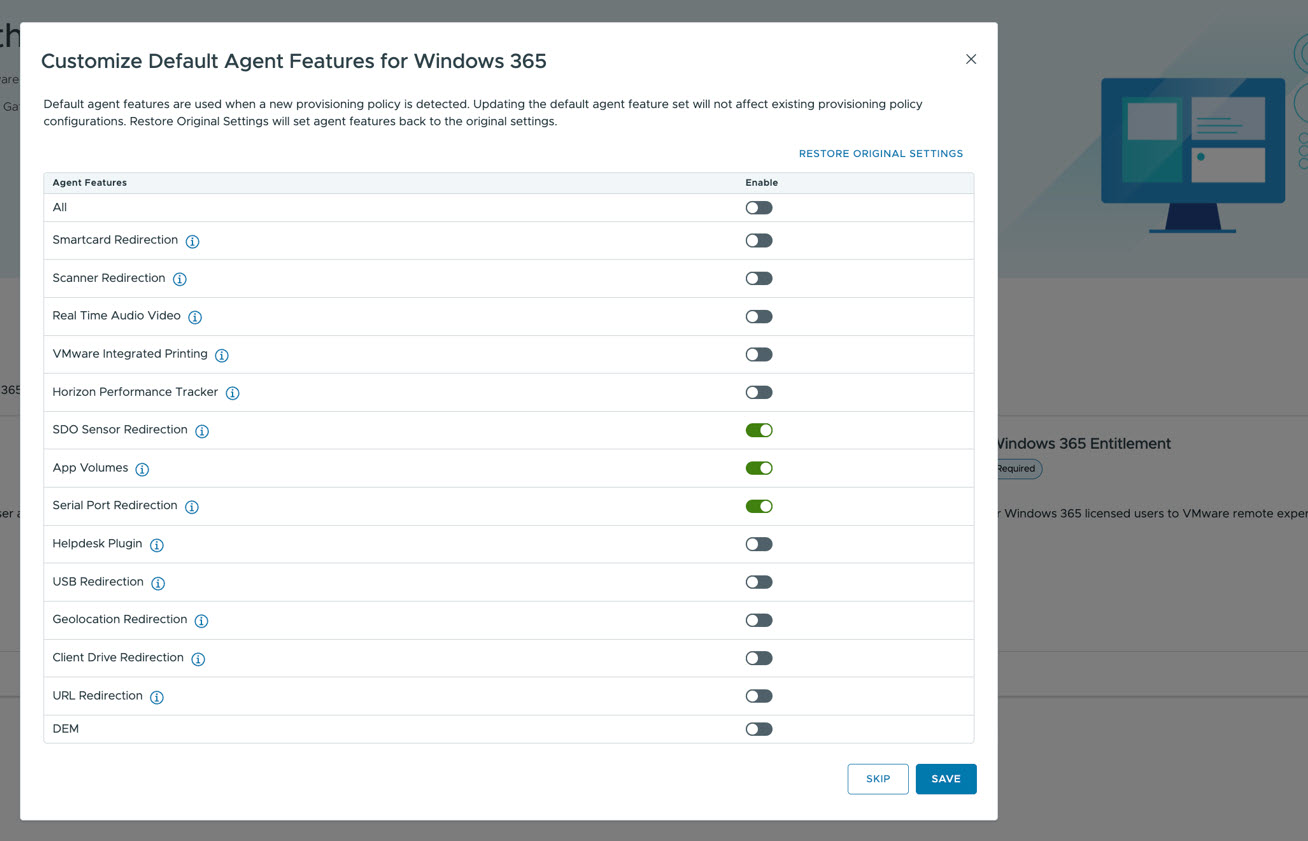 [自訂預設代理程式功能] 頁面，其中顯示可在新的 Windows 365 佈建原則上啟用功能的核取方塊