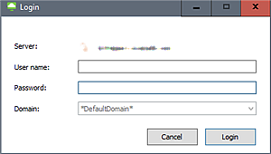 此螢幕擷取畫面顯示 Windows 5.0 登入畫面的 Horizon Client，其中 [僅顯示預設網域] 設為 [是]，且 [隱藏網域欄位] 設為 [否]