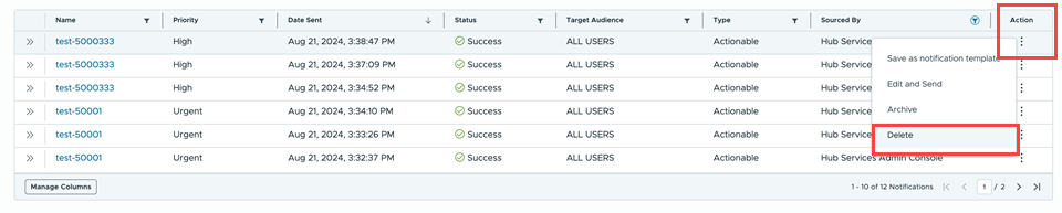 在 Hub Services Console 中刪除通知
